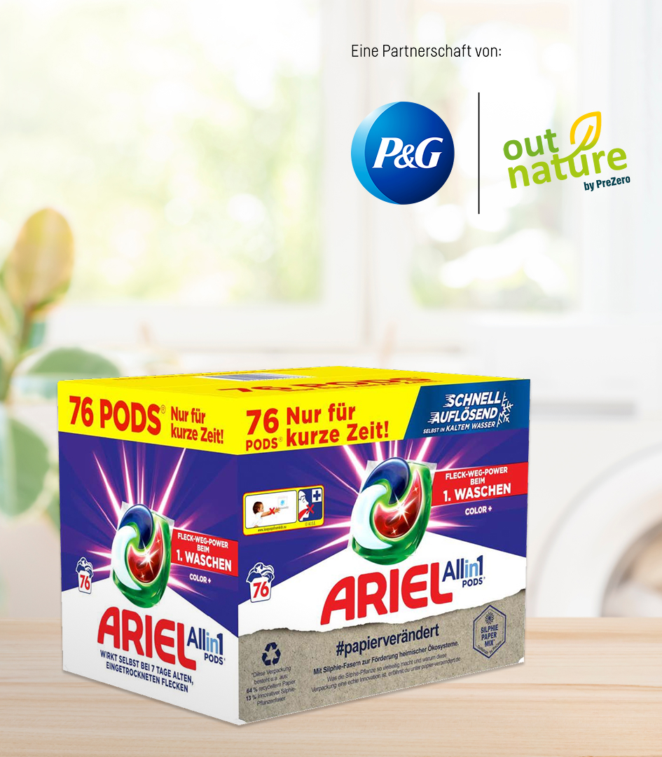 Verpackung der Ariel All-in-1 PODS mi Silphie-Fasern