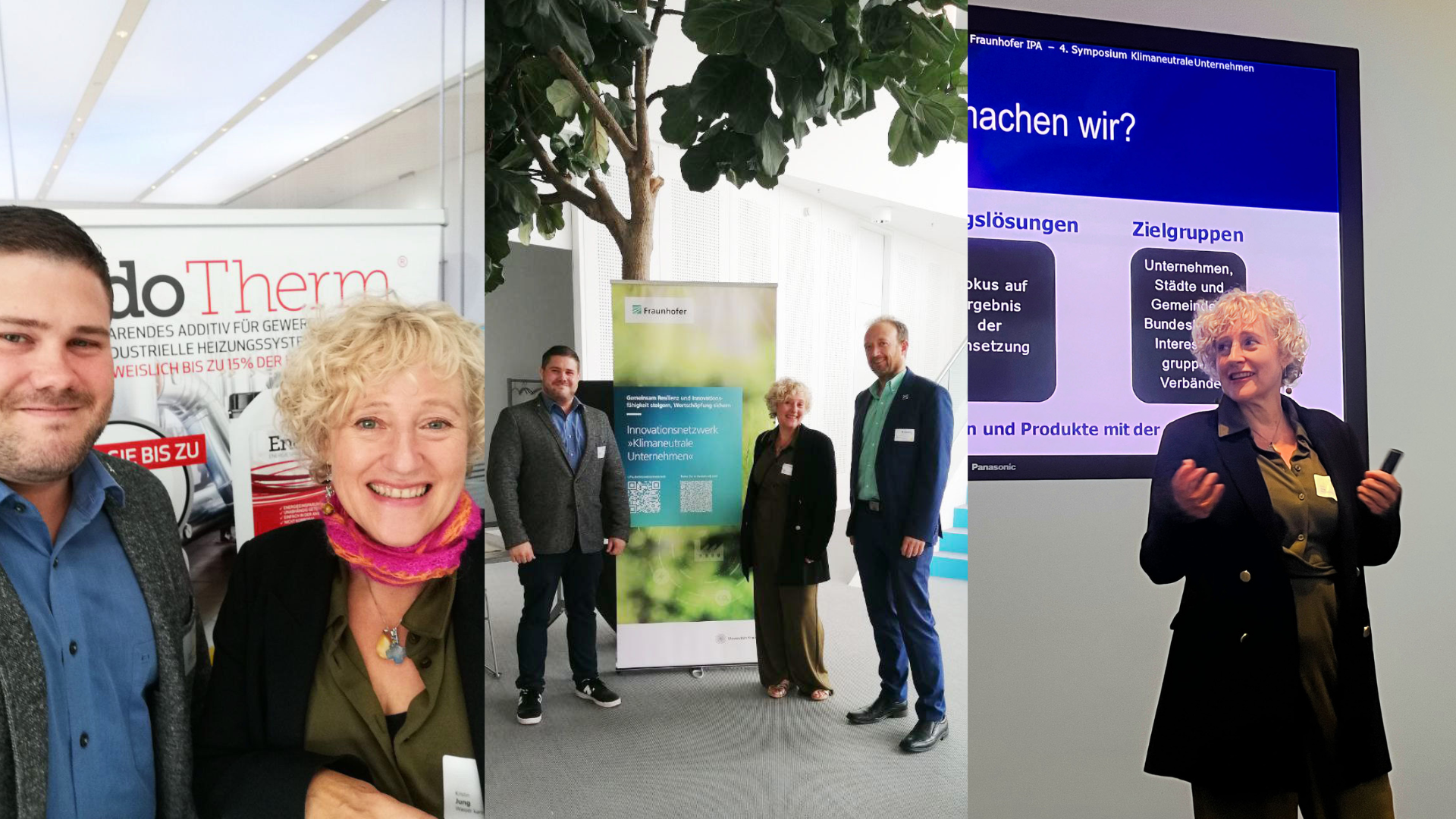 Mark Ellis von Klimaschutz Einfach und Kristin Jung von Wasser kann mehr! stellen EndoTherm und weitere betriebskostenreduzierende Technologien vor beim Fraunhofer Symposium Klimaneutrale Unternehmen