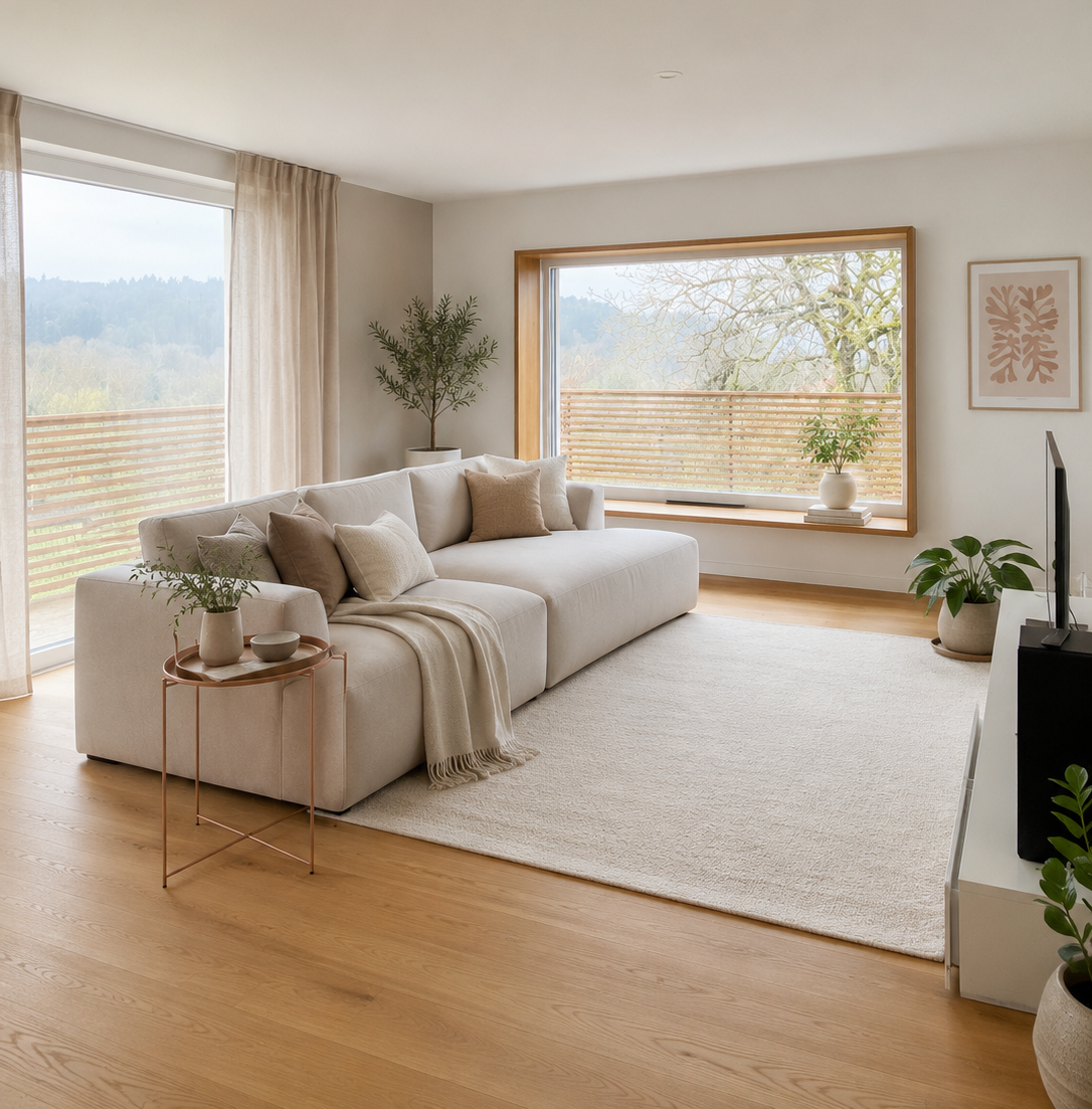 Wohnzimmer mit Boden Massivholz geölt, Wände reiner Kalkputz, Textilien Leinen und Wolle
