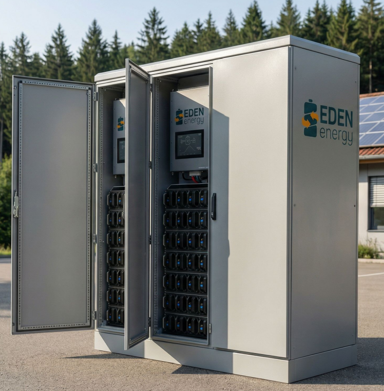 Ein KI-generiertes Bild von einem Industriespeicher von EDENenergy als ca. 2m hoher Outdoor-Schaltschrank.