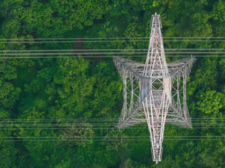 Strommast in der Natur, symbolisiert Energieeffizienz für Unternehmen im GreenTech-Bereich