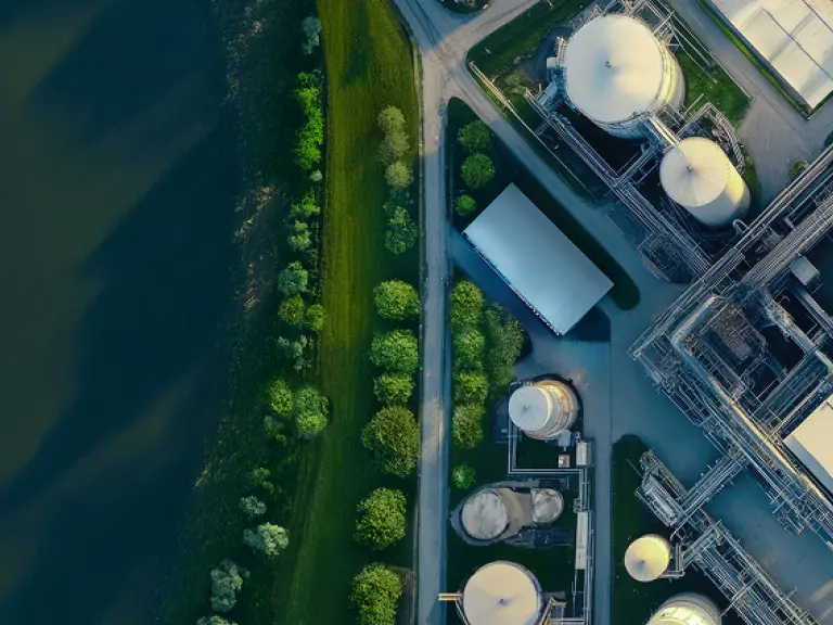 Industrieanlage und Fluss von oben, repräsentieren Klimaschutztechnologie im GreenTech-Bereich
