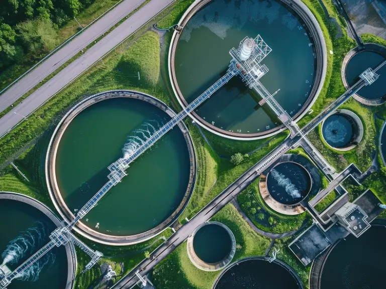 Kläranlagen und Natur von oben, symbolisieren nachhaltige Wasserwirtschaft im GreenTech Bereich