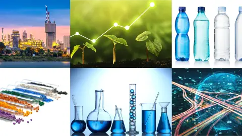 Images representing industry, packaging, bioeconomy, plastics, mobility and chemistry