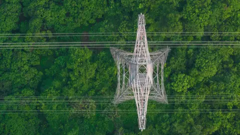 Strommast in der Natur, symbolisiert Energieeffizienz für Unternehmen im GreenTech Bereich