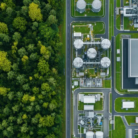 Industrie und Natur in Harmonie, verdeutlichen das Engagement von GreenTech für Nachhaltigkeit