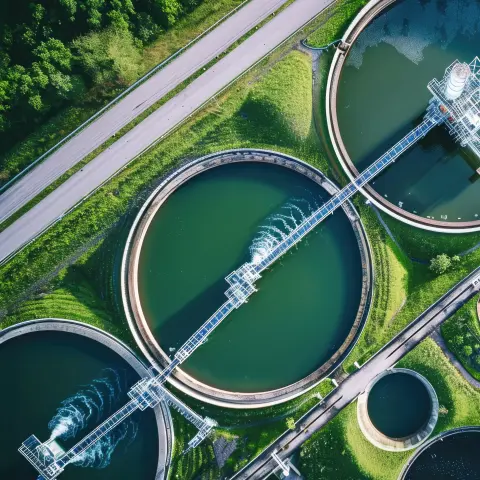 Kläranlagen und Natur von oben, symbolisieren nachhaltige Wasserwirtschaft im GreenTech-Bereich